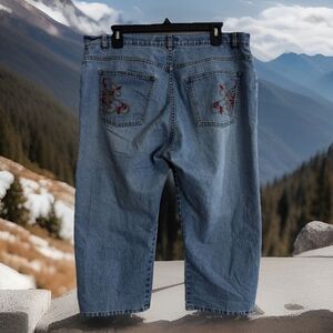 Y2K Ninety Brand Grannycore  Women’s Crop Jean Sz14 5 Pockets Embroidered  Baggy